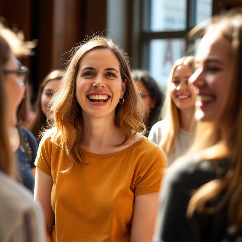 Sarah Meier, Dozentin des Improvisationstheaters, lacht mit den Kursteilnehmern.